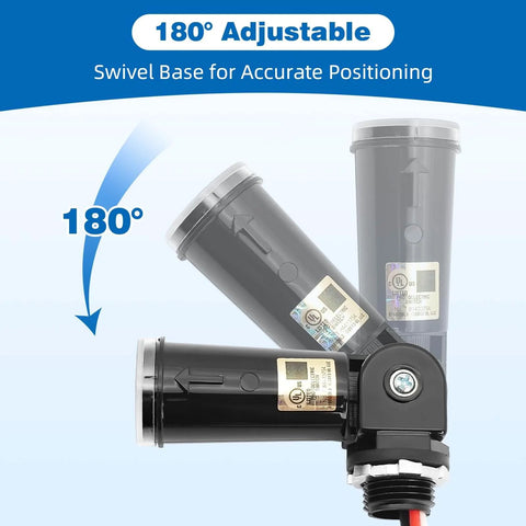 Image showing a 180° adjustable swivel base of the Two Pack Automatic Outdoor Light Sensor Switches With Photoelectric Control For Dusk Till Dawn Exterior Lighting Time Delay 20 To 120 Seconds Temperature Compensation Water Resistant Easy Install.