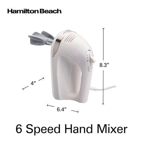 Kickass 6 Speed Electric Hand Mixer With Easy Clean Beaters And Snap On Storage Case For Bakers Seeking Smooth Performance And Zero Clogging Drama In The Kitchen, white, 8.3 inches tall.