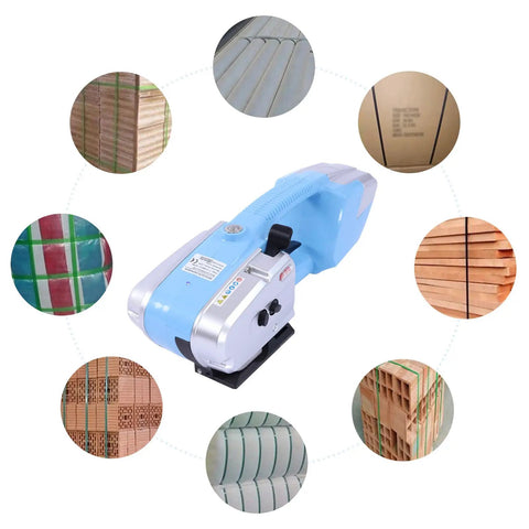 Heavy Duty Electric Strapping Tool Portable Handheld Pallet Baler Cuts And Heat Seals PP PET Bands No Buckles Needed in use with various package types.