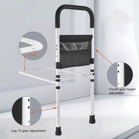 Adjustable components of 2-In-1 Bed Safety Rails For Seniors with Handy Hand Rail, showing height and leg gear settings