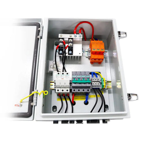 Built Tough 3 String Solar Array Combiner Box With Prewired MC4 Plugs 60 Amp 200 Volt interior wiring and components layout.