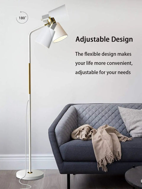 Industrial Floor Lamp With Rustic Farmhouse Vibe, Adjustable Metal Heads, beside a sofa, white finish, 3 level dimming.