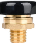 Front view of 1/2 inch brass vacuum relief valve with black low-profile cap and threaded male connection.