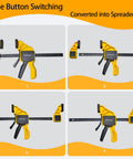 Six Piece Woodworking Bar Clamp Set With Quick Change Button 12 Inch And 6 Inch Nylon F Clamps 150 Lb Load Capacity Light Duty For DIY Projects In The Shop One Handed Spreader Bar Clamps, one-button switch to spreader