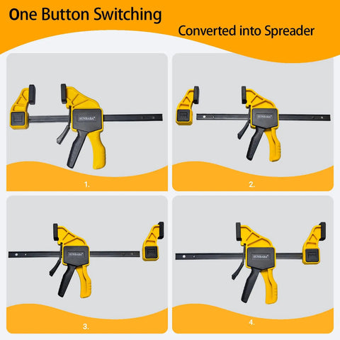 Six Piece Woodworking Bar Clamp Set With Quick Change Button 12 Inch And 6 Inch Nylon F Clamps 150 Lb Load Capacity Light Duty For DIY Projects In The Shop One Handed Spreader Bar Clamps, one-button switch to spreader
