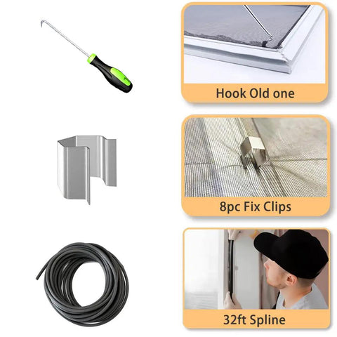4 In 1 Screen Repair Kit With Roller Tools Bearing Removal Hook Clips Spline And Step By Step Manual for mesh install