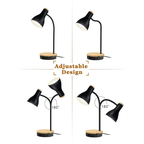 Adjustable design of Metal Desk Lamp With Dope Wireless Charging Pad And USB Port 3 Way Dimmable Arc Bedside Light Touch Control Reading Lamp For Bedroom Study Or Office Black Finish And Sleek Arc Design, showing 180° gooseneck positions.