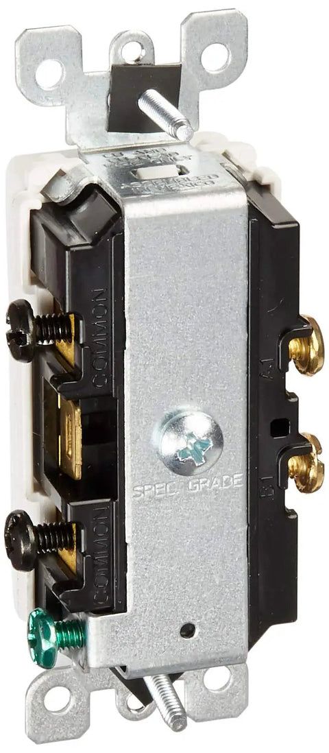 Side view of 20 Amp 120 to 277 Volt Decora Combination Switch with Grounding, Dual Single Pole 20A AC, 2-Circuit Commercial Grade Wall Switch.