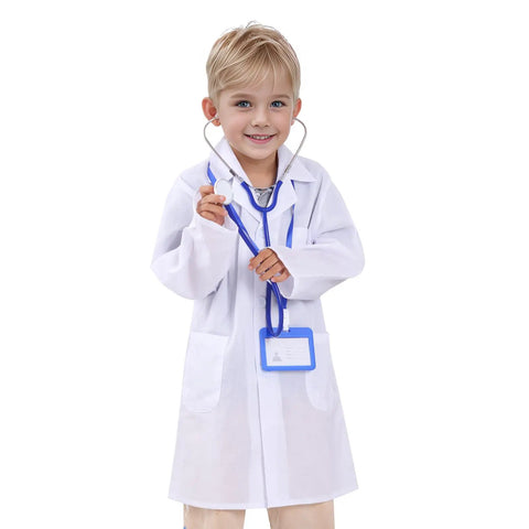 Child wearing Cool Kids Doctor Lab Coat Costume for Boys and Girls Realistic Scientist Dress Up Coat with stethoscope