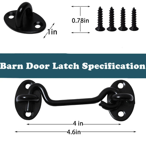 4 Inch Barn Door Latch Lock Hardware For Sliding Doors Rust Resistant Metal Gate Latch With Screws Privacy Hook Lock shown with dimensions