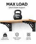 Rock Solid 16 Inch Folding Shelf Brackets Heavy Duty Steel Wall Mounts For Everyday Grind Drop Down Table Garage Kitchen Laundry Storage Solutions Black Two Pack with a stable shelf supporting 150 lbs.