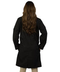 Back view of a person wearing the Unisex Lab Coat For Work, Long Sleeve Medical Coat With Five Pockets And Pen Slot, 38 Inch Black XL.