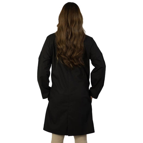 Back view of a person wearing the Unisex Lab Coat For Work, Long Sleeve Medical Coat With Five Pockets And Pen Slot, 38 Inch Black XL.