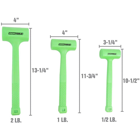 Three Piece Dead Blow Hammer Set With Non Marring Mallets Weighing One Half Pound One Pound And Two Pound Steel Shot Filled For Maximum Force Non Slip Grip Automotive And Machinist Shop Tool Kit displayed with dimensions.