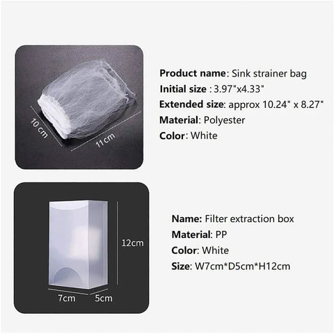 Disposable Kitchen Sink Strainer Mesh Bags 200 Pack Universal Fit, polyester mesh, white, shown with dimensions and extraction box.