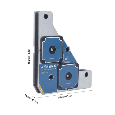Heavy Duty Dual Switch Welding Clamp With 50KG Magnetic Force For Steel And Iron Plates side view, dimensions 165mm x 140mm, galvanized steel