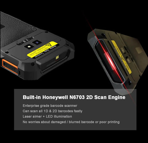 Close-up of the Rugged 5.5 Inch Touchscreen Handheld Barcode Scanner PDA showing Honeywell N6703 2D Scan Engine with laser aimer.