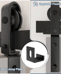 Close-up of 60 Inch Bi Folding Sliding Barn Door Hardware Kit For Four Doors with side-mounted rollers and fixator.