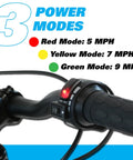 Handlebar of Electric Balance Bike For Kids Ages 3 To 5 With 12eDRIVE showing power modes with red, yellow, and green speed settings