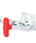 Heavy duty hold down toggle clamps with red handle from Quick Release Table Clamps Set, side view showing metal construction.