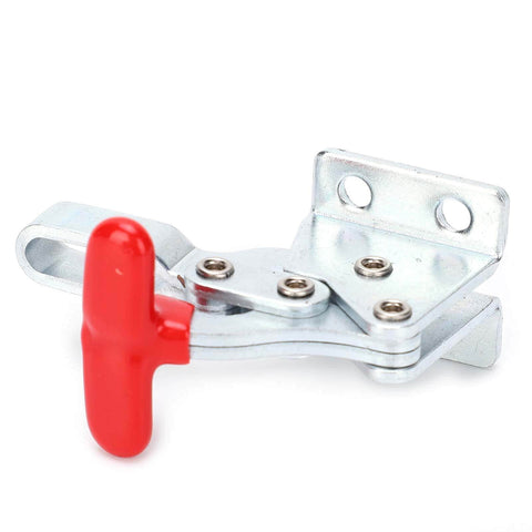Heavy duty hold down toggle clamps with red handle from Quick Release Table Clamps Set, side view showing metal construction.