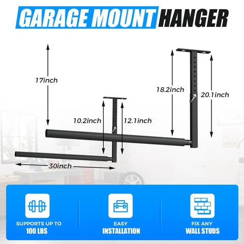 Stainless Steel Ceiling Storage Rack With 10 To 18 Inch Adjustable Height, Heavy Duty Overhead Garage Organizer dimensions shown.