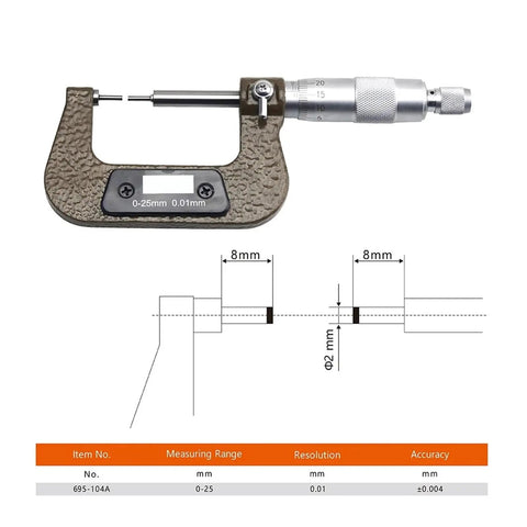 Compact 0 To 25 Mm Mechanical Outer Diameter Micrometer Featuring A Thin Rod Throat for precision measurements with a detailed scale.