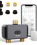 WiFi Sprinkler Timer For 2 Zone System With Brass Inlet And Outlet Water Timer next to smartphone app interface