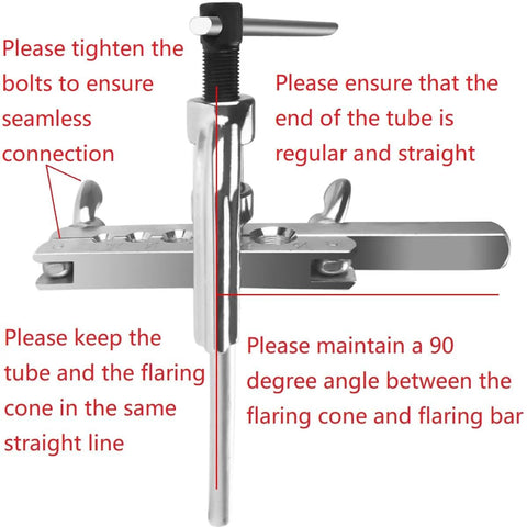 Brake line flaring tool kit, front view, chrome metal with adjustable clamps and handles