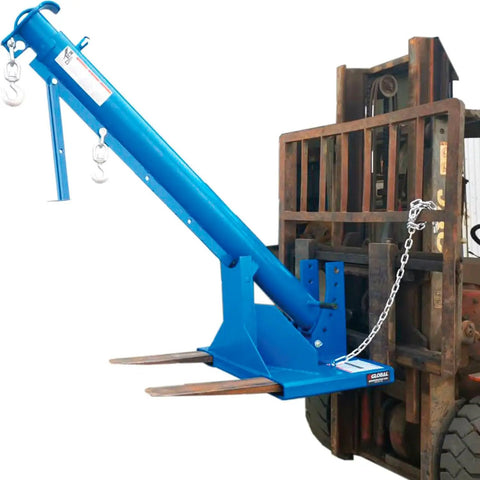 Shop Floor Ready Adjustable Pivoting Forklift Jib Boom Crane With 6000 Lb Pulling Power For Commercial Warehouses And Industrial Sites Crushes Heavy Loads With Rock Solid Reliability In Blue mounted on a forklift.