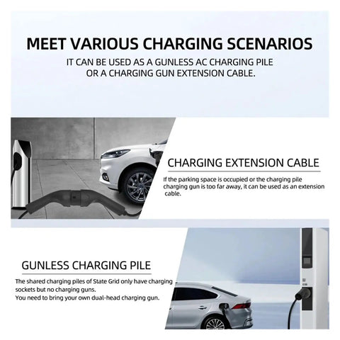 Heavy Duty Top Shelf Type 2 EV Charging Cable 32A 7KW Portable Electric Vehicle Charger Cord shown in charging scenarios.