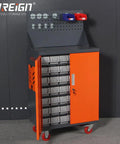 Upgrade Your Workshop Gang Setup With This Straight Up Solid Rolling Tool Cart Featuring Industrial Plastic Drawers A Perforated Pegboard Backer Custom Diy Compartments For Screws And Portable Document Pouches Built For Peace Of Mind with orange door and rolling wheels.