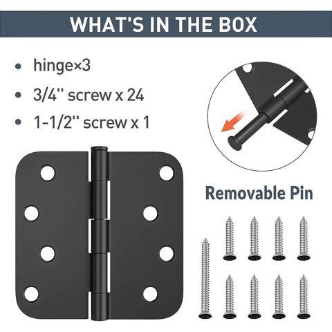 Three Pack Four Inch Door Hinges With Five Eighths Inch Radius Corners Matte Black Finish For Interior And Exterior Doors Includes All Screws