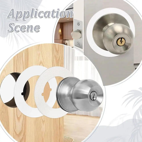 Two Pack Round Door Knob Plates Filler And Repair Backplate Set installed on wooden and metal doors with lock mechanism.