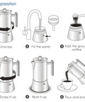 Preparation steps for Heavy Gauge Stainless Steel Stovetop Espresso Maker And Legit Italian Moka Pot For 4 Cups.