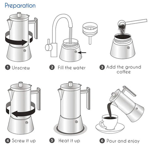 Preparation steps for Heavy Gauge Stainless Steel Stovetop Espresso Maker And Legit Italian Moka Pot For 4 Cups.