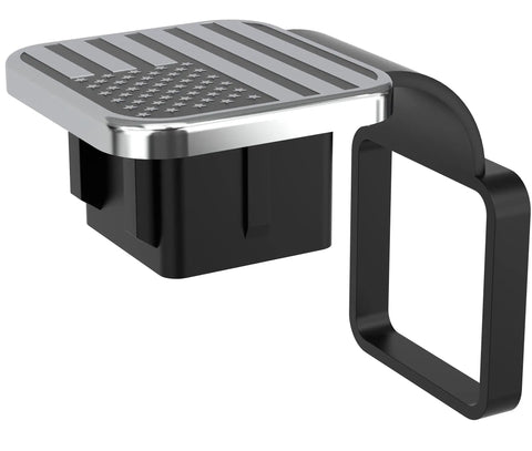 Flag Tow Hitch Cover For 2 Inch Receivers, All American Flag Trailer Hitch Plug, Chrome And Black Tube Insert, side view