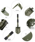 Ultralight Folding Camping Shovel Multitool with digging saw, bottle opener, pick, hex wrench, and antiskid handle.