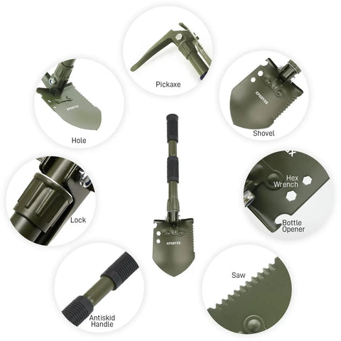 Ultralight Folding Camping Shovel Multitool with digging saw, bottle opener, pick, hex wrench, and antiskid handle.