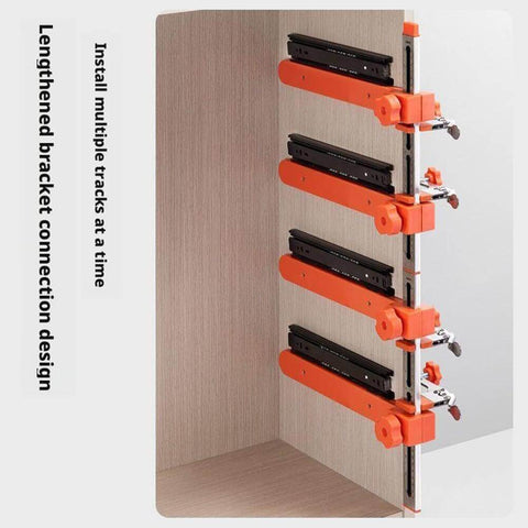 Drawer Slide Jig With Toggle Clamp And Magnetic Arm, Precision Cabinet Drawer Jig Tool With Laser Engraved Dual Scale Mark For Mounting Drawer Slides, Fast And Accurate Installation For DIYers And Pros showing side view with lengthened bracket design.