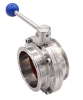 Beefed Up Heavy Duty Sanitary Butterfly Valve with Pull Handle, 304 Stainless Steel, Four Inch Tube OD Tri Clamp, Side View