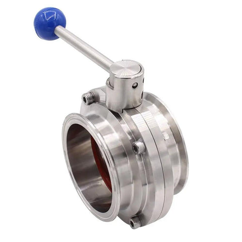 Beefed Up Heavy Duty Sanitary Butterfly Valve with Pull Handle, 304 Stainless Steel, Four Inch Tube OD Tri Clamp, Side View