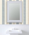 Fresh Printed Modern Striped Vinyl Wallcovering Featuring Subtle Leather Texture Ultra Durable Pastable Wallcover, displayed with a mirror above a sink.