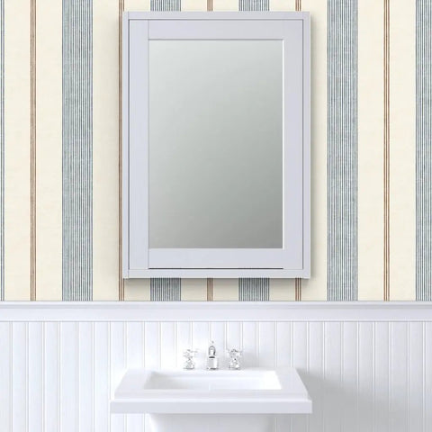 Fresh Printed Modern Striped Vinyl Wallcovering Featuring Subtle Leather Texture Ultra Durable Pastable Wallcover, displayed with a mirror above a sink.