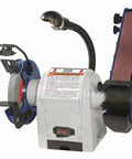 Combination Belt And Bench Grinder Featuring Dust Collection Port And Front Power Switch Quarter Horsepower 120 Volt Corded Workhorse Rig with attached light and controls.