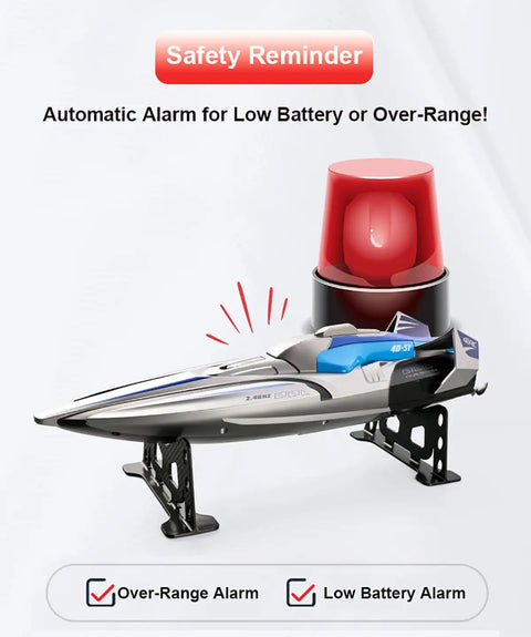 Safety reminder for Ultra Fast 2.4G RC Boat with dual motors and propellers, showcasing automatic alarm for battery and range