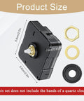 Quartz Clock Movement Replacement Kit for Battery Powered DIY Clock Repairs, showing 5.6x5.6x1.6 cm mechanism and accessories