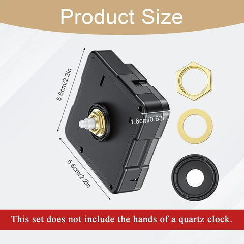 Quartz Clock Movement Replacement Kit for Battery Powered DIY Clock Repairs, showing 5.6x5.6x1.6 cm mechanism and accessories
