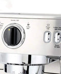 Close-up of control panel on Professional Single Pump Semi Automatic Espresso Coffee Machine For Home Brew Barista Style Shots Stainless Steel Body 110 To 240V Easy Pull Espresso Durable Build Makes Rich Creamy Espresso Every Time.