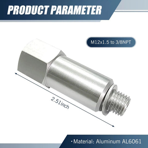 Car Cooling Water Temperature Adapter From M12x1.5 Male To 3/8 NPT Female, Alloy Extension With Gasket, shown with dimensions